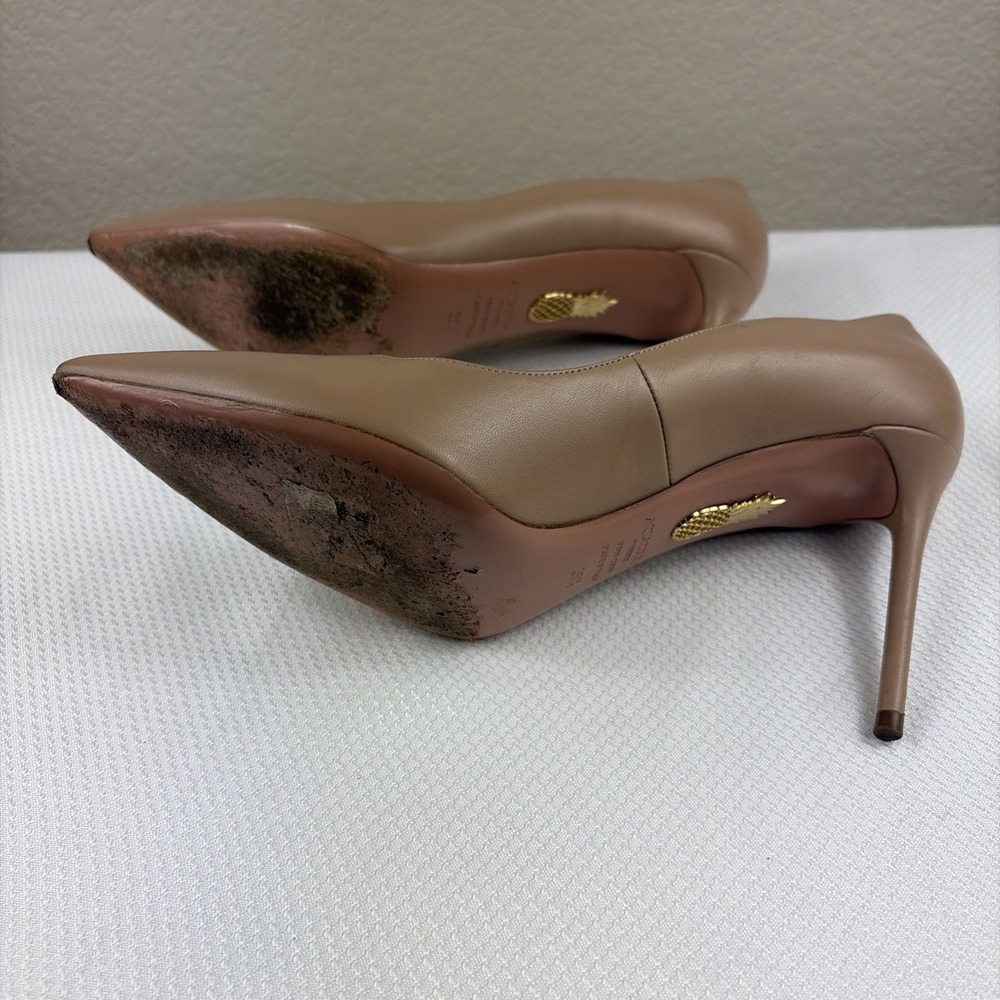 Aquazzura Leather Firenze Pumps Beige Size 39.5 Pointed Toe Heel - Picture 7 of 11